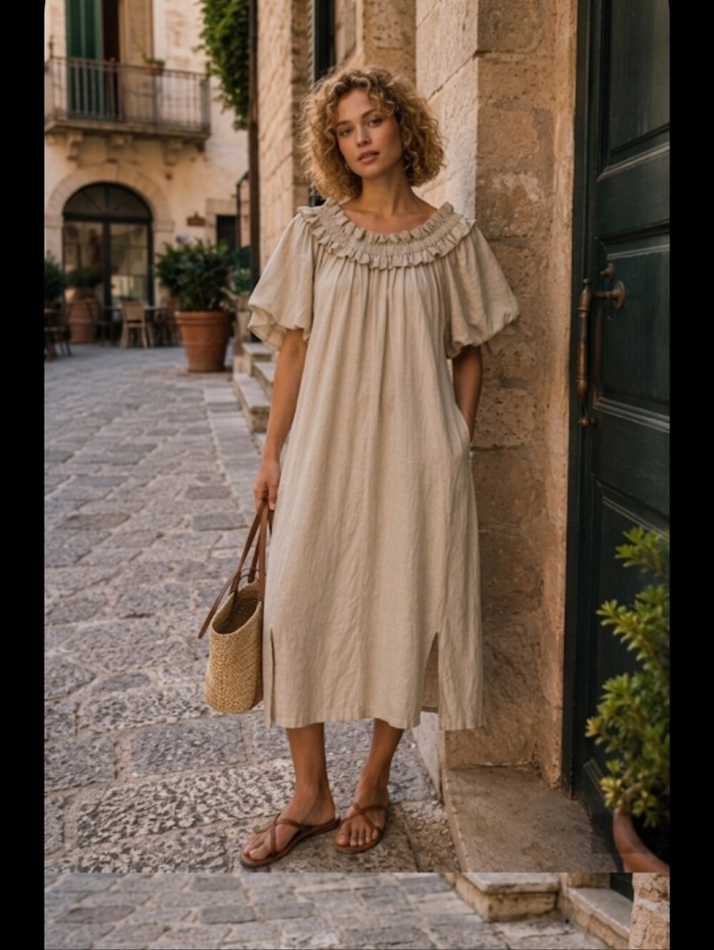 Women’s Cream Ruffle Neck Midi Dress